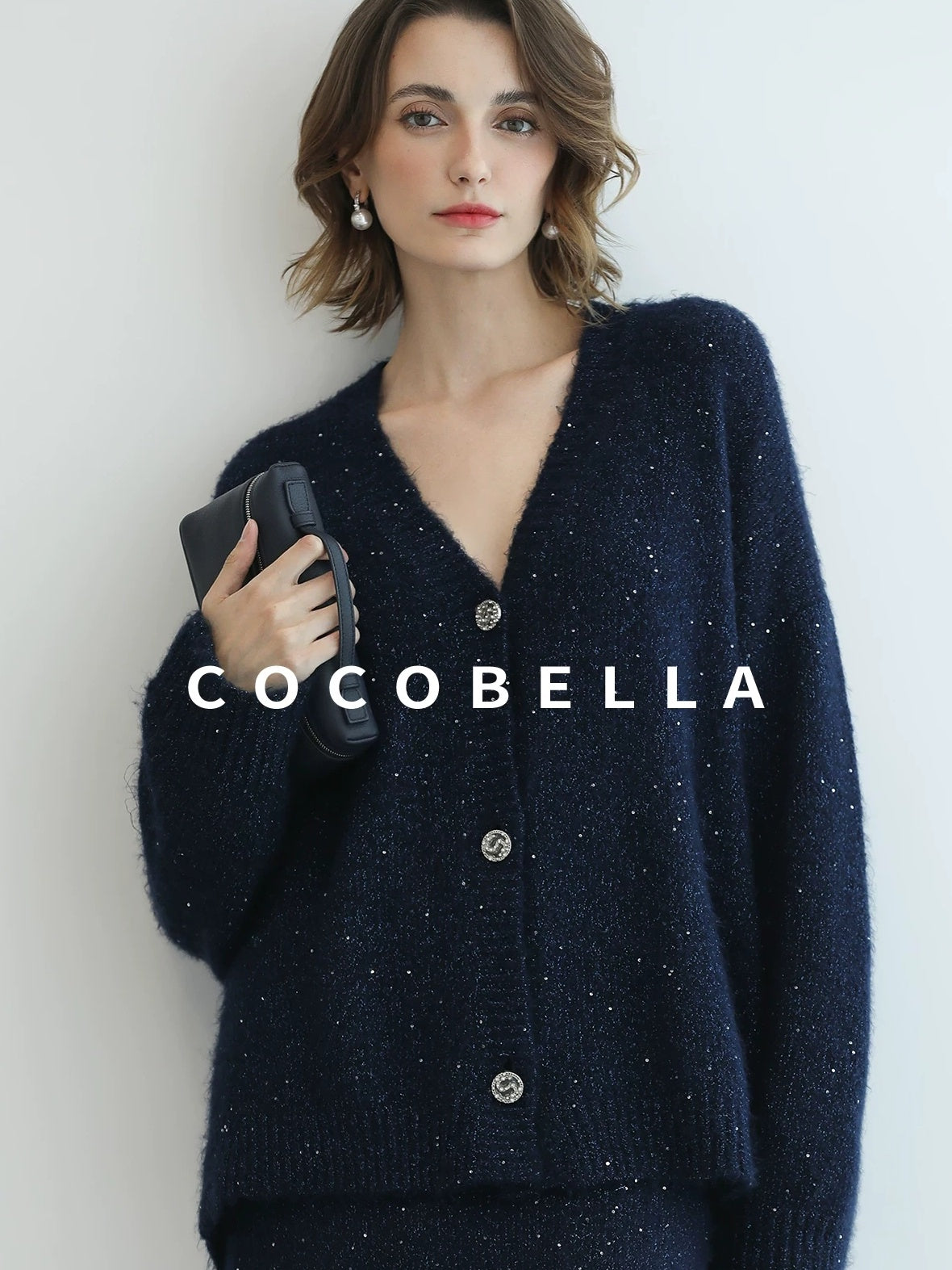 COCOBELLA Sparkle Button Loose Fit Commuter Cardigan Womens Navy Lurex Sequin Sweater