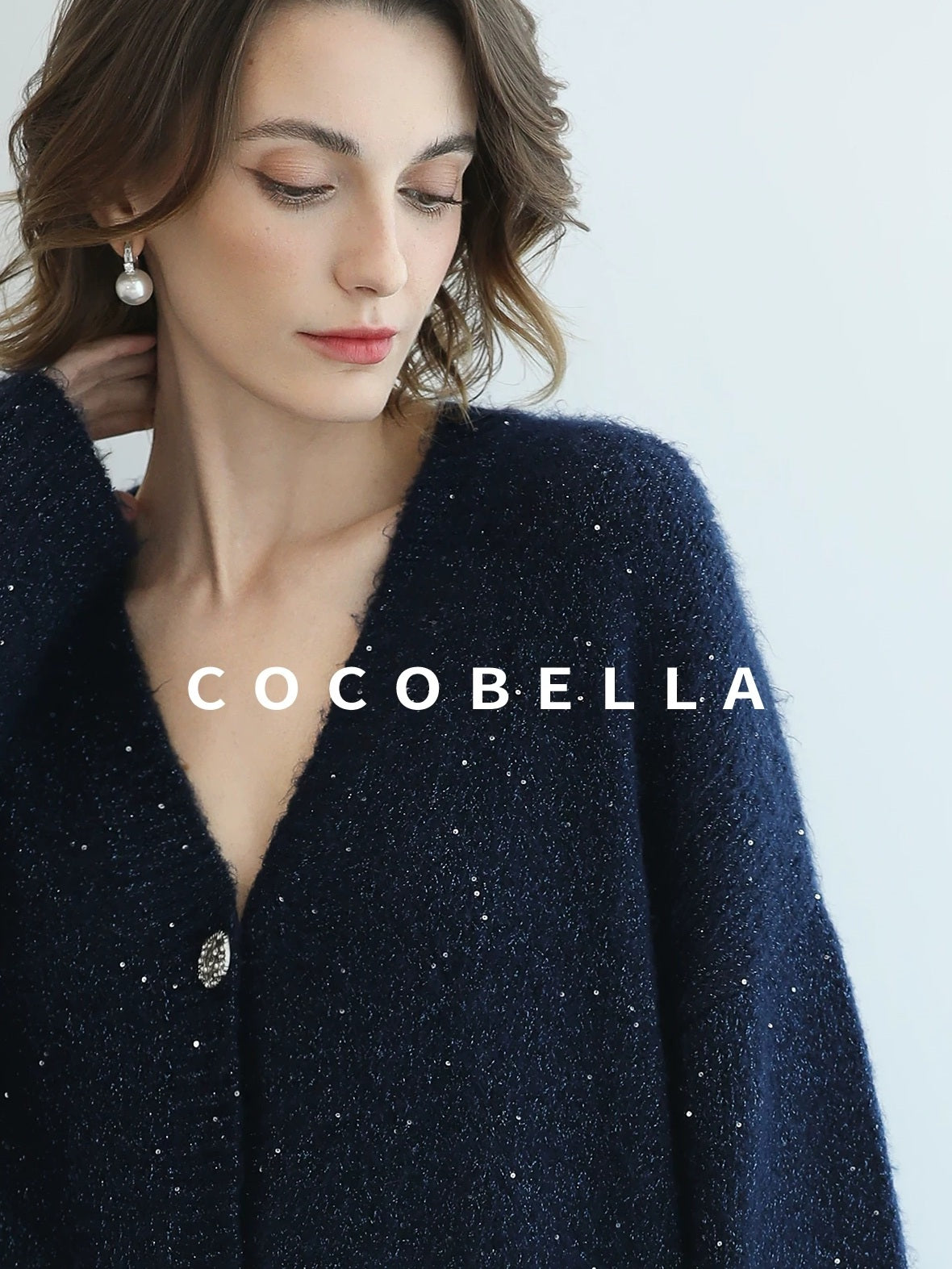 COCOBELLA Sparkle Button Loose Fit Commuter Cardigan Womens Navy Lurex Sequin Sweater