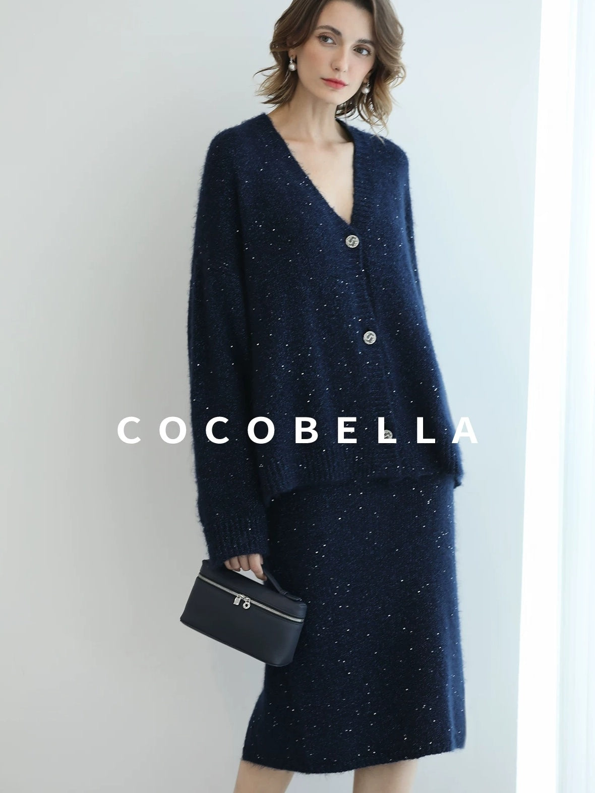 COCOBELLA Sparkle Button Loose Fit Commuter Cardigan Womens Navy Lurex Sequin Sweater
