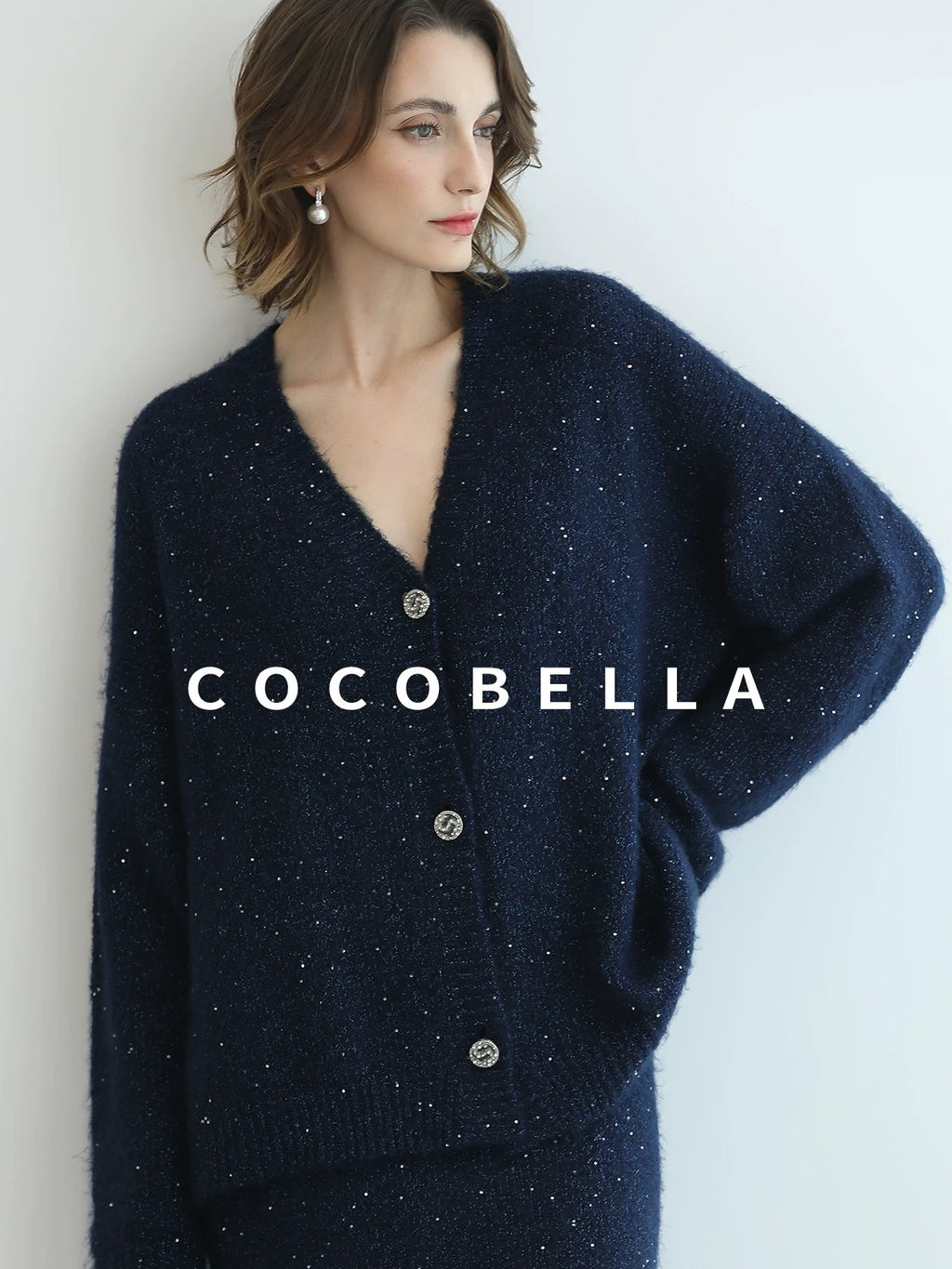 COCOBELLA Sparkle Button Loose Fit Commuter Cardigan Womens Navy Lurex Sequin Sweater