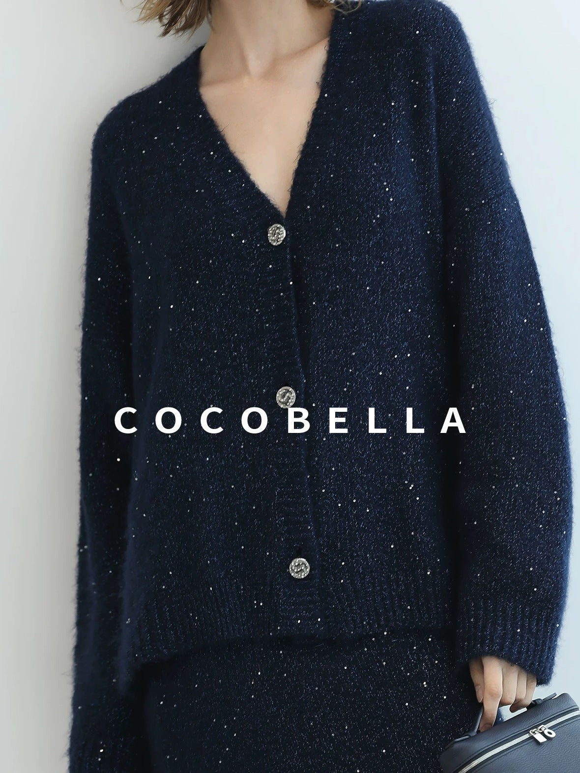 COCOBELLA Sparkle Button Loose Fit Commuter Cardigan Womens Navy Lurex Sequin Sweater