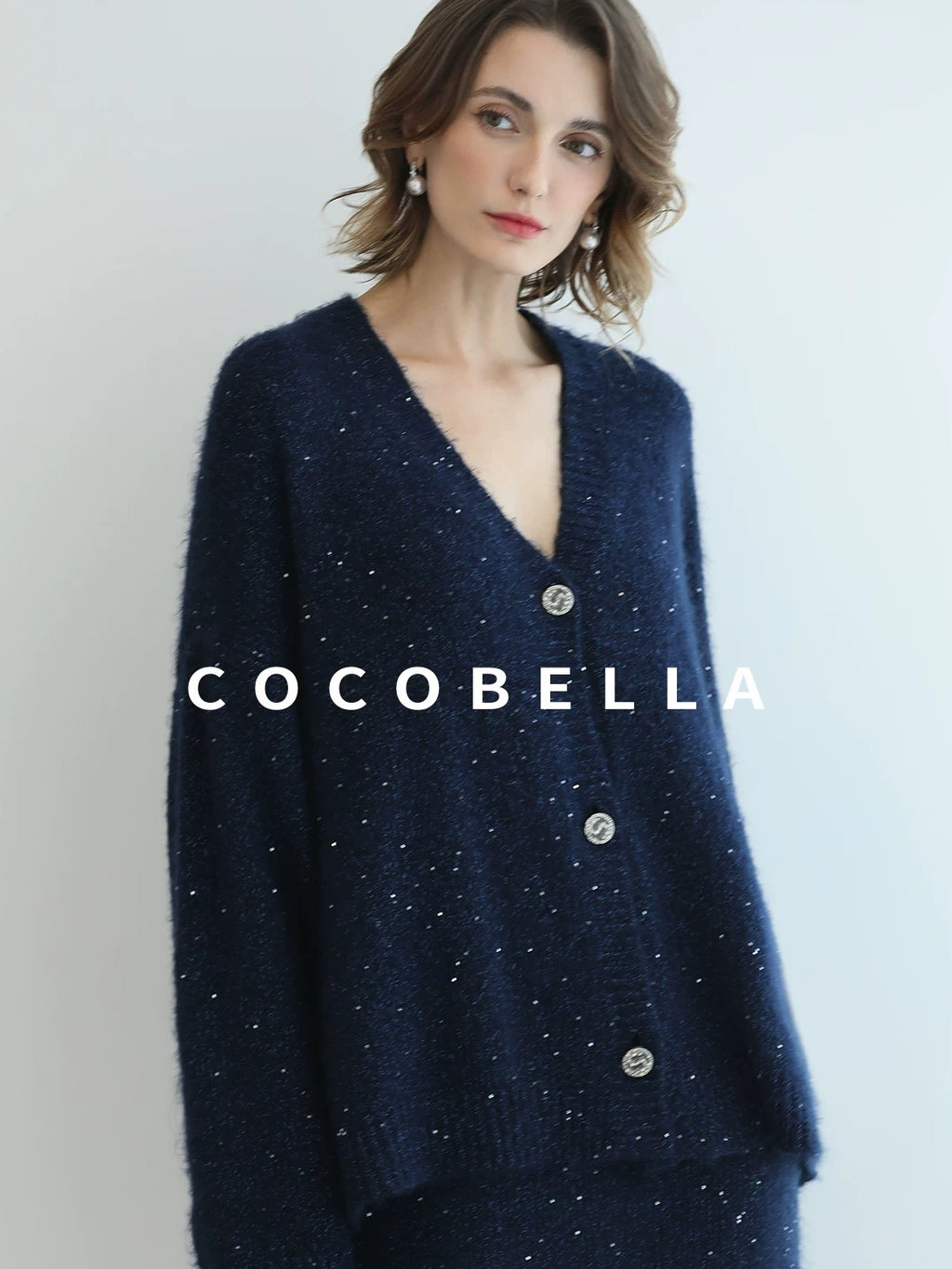 COCOBELLA Sparkle Button Loose Fit Commuter Cardigan Womens Navy Lurex Sequin Sweater