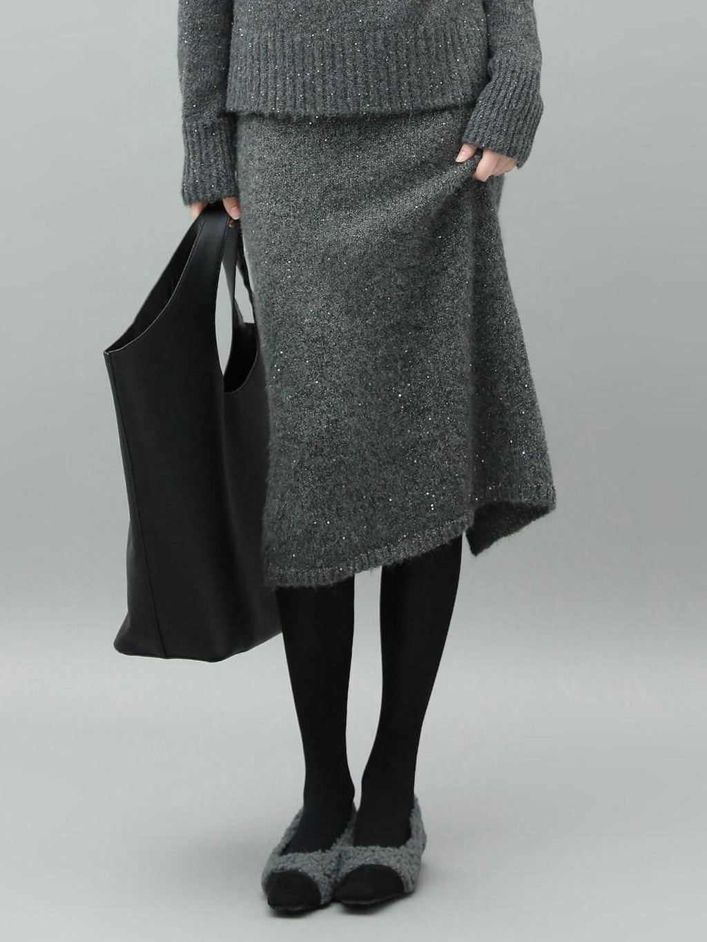 COCOBELLA Sparkle Knit Pencil High Waist Back Slit Office Lady Midi Skirts