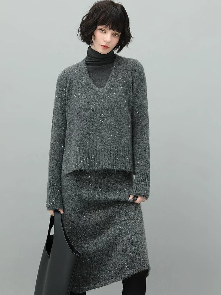 COCOBELLA Sparkle Knit Pencil High Waist Back Slit Office Lady Midi Skirts