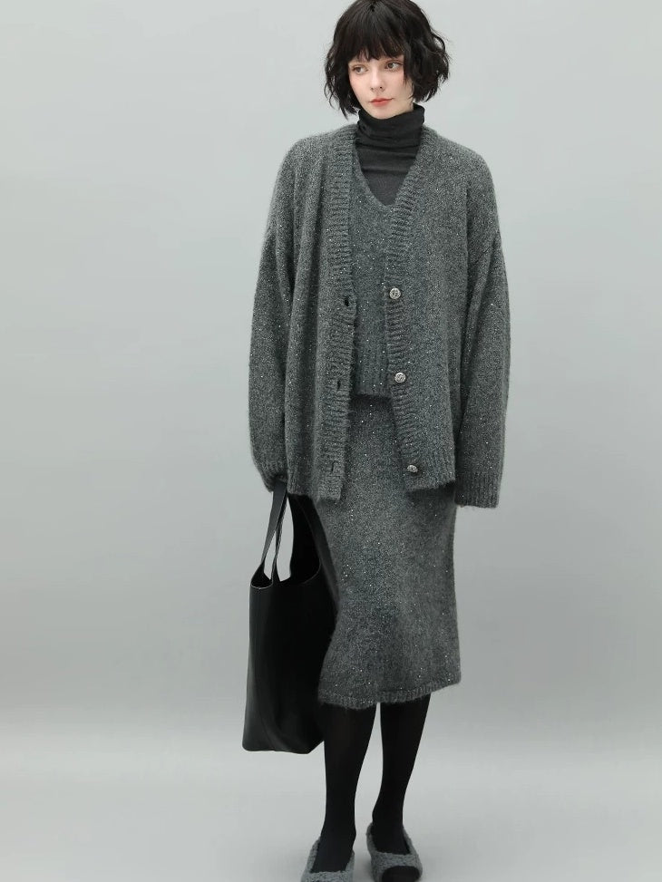 COCOBELLA Sparkle Knit Pencil High Waist Back Slit Office Lady Midi Skirts