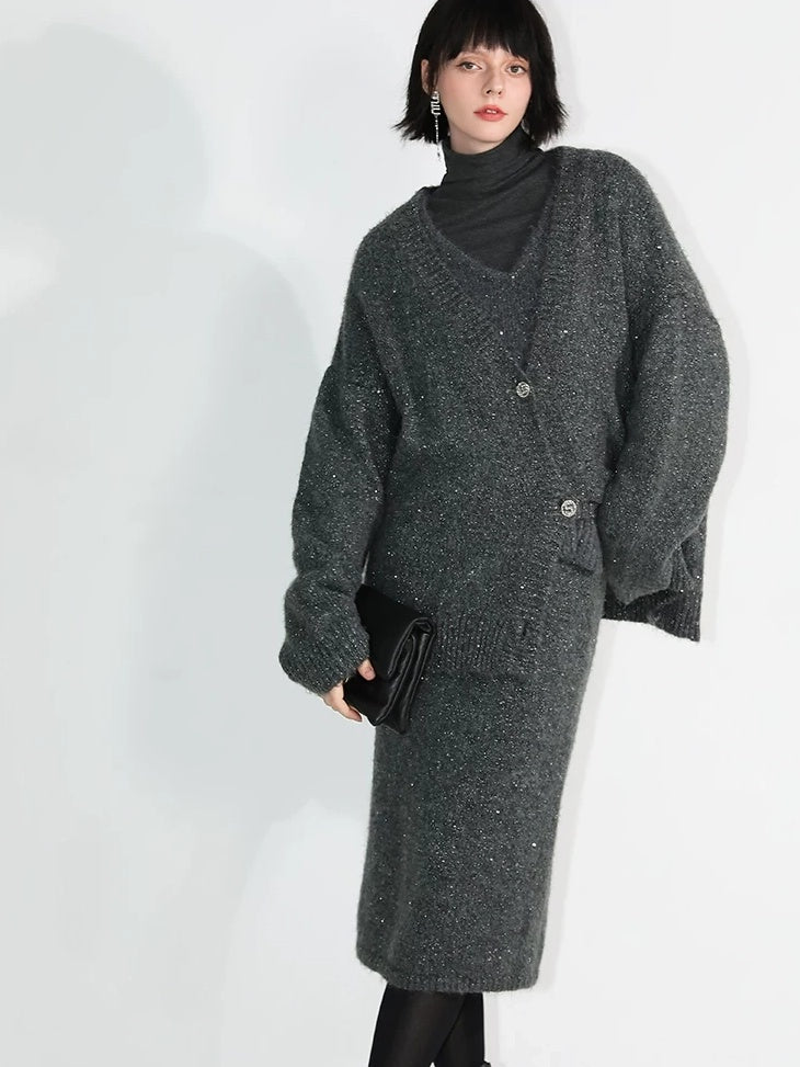 COCOBELLA Sparkle Knit Pencil High Waist Back Slit Office Lady Midi Skirts