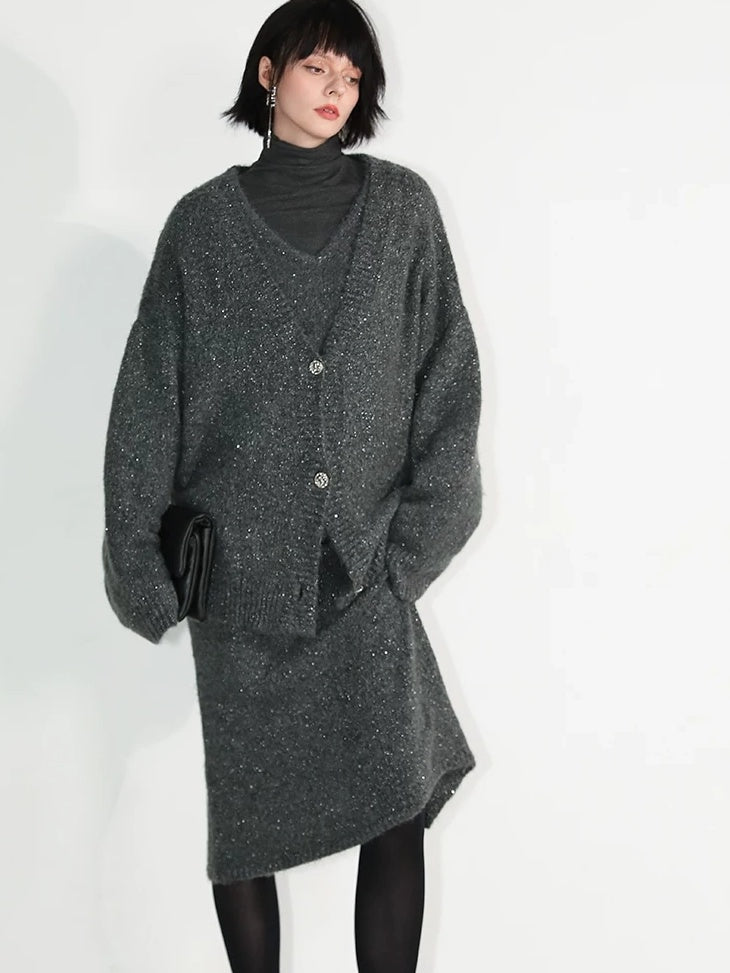 COCOBELLA Sparkle Knit Pencil High Waist Back Slit Office Lady Midi Skirts