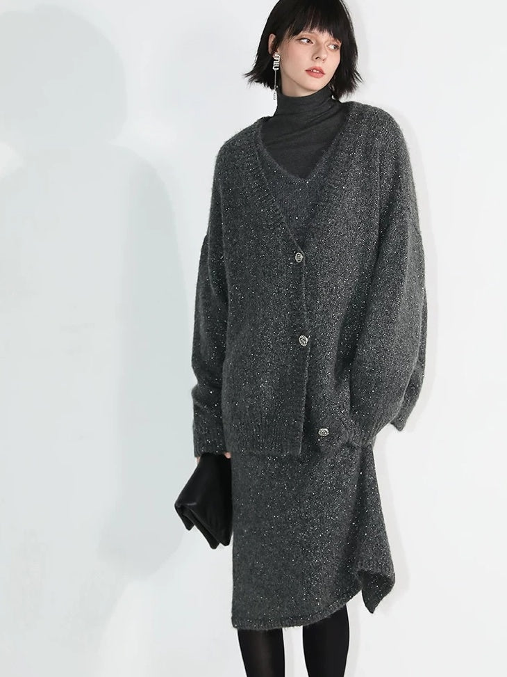 COCOBELLA Sparkle Knit Pencil High Waist Back Slit Office Lady Midi Skirts