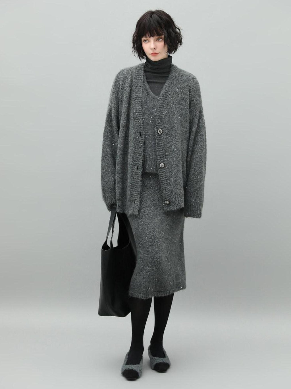 COCOBELLA Sparkle Knit Pencil High Waist Back Slit Office Lady Midi Skirts