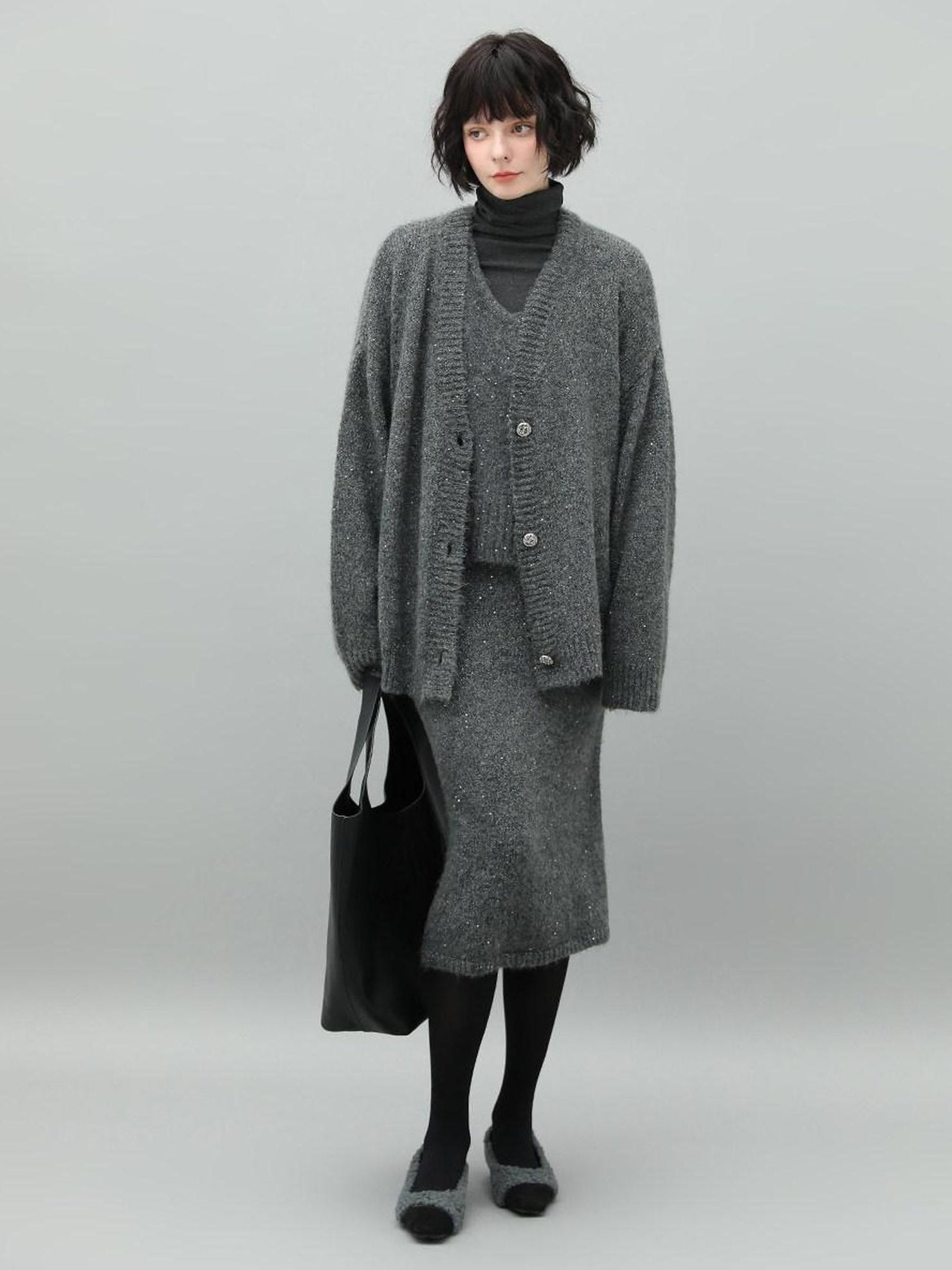 COCOBELLA Sparkle Knit Pencil High Waist Back Slit Office Lady Midi Skirts