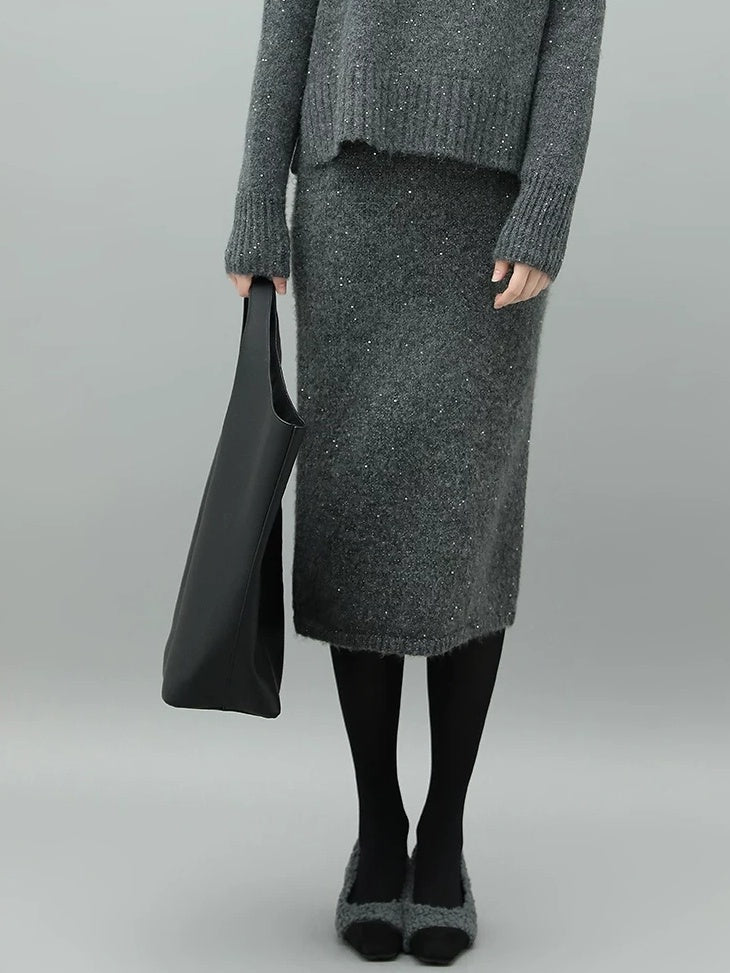 COCOBELLA Sparkle Knit Pencil High Waist Back Slit Office Lady Midi Skirts