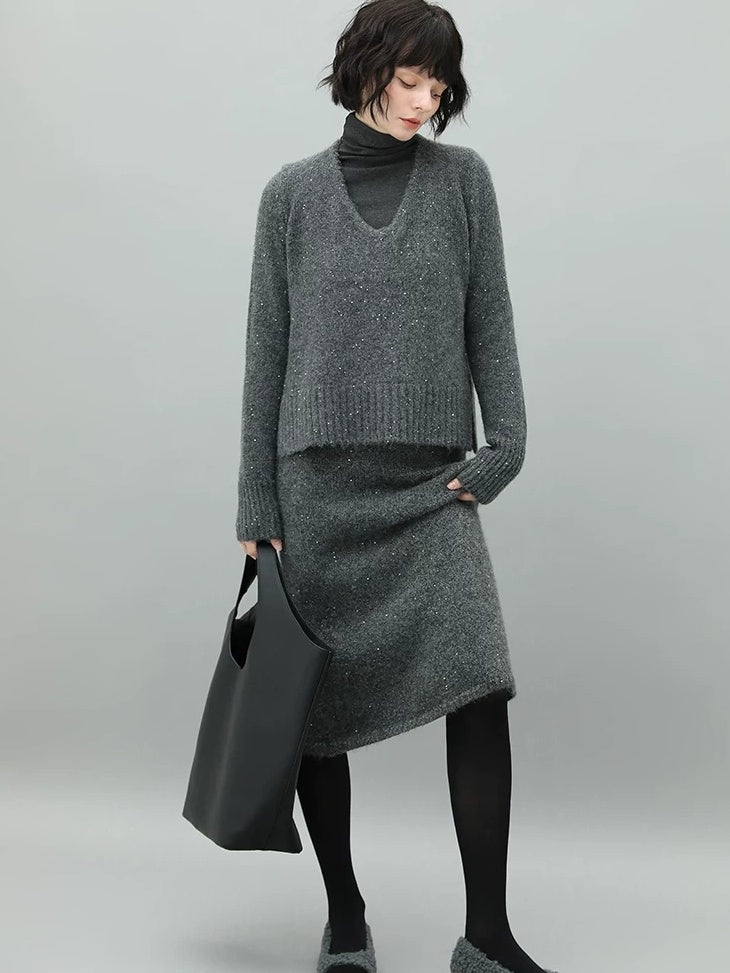 COCOBELLA Sparkle Knit Pencil High Waist Back Slit Office Lady Midi Skirts