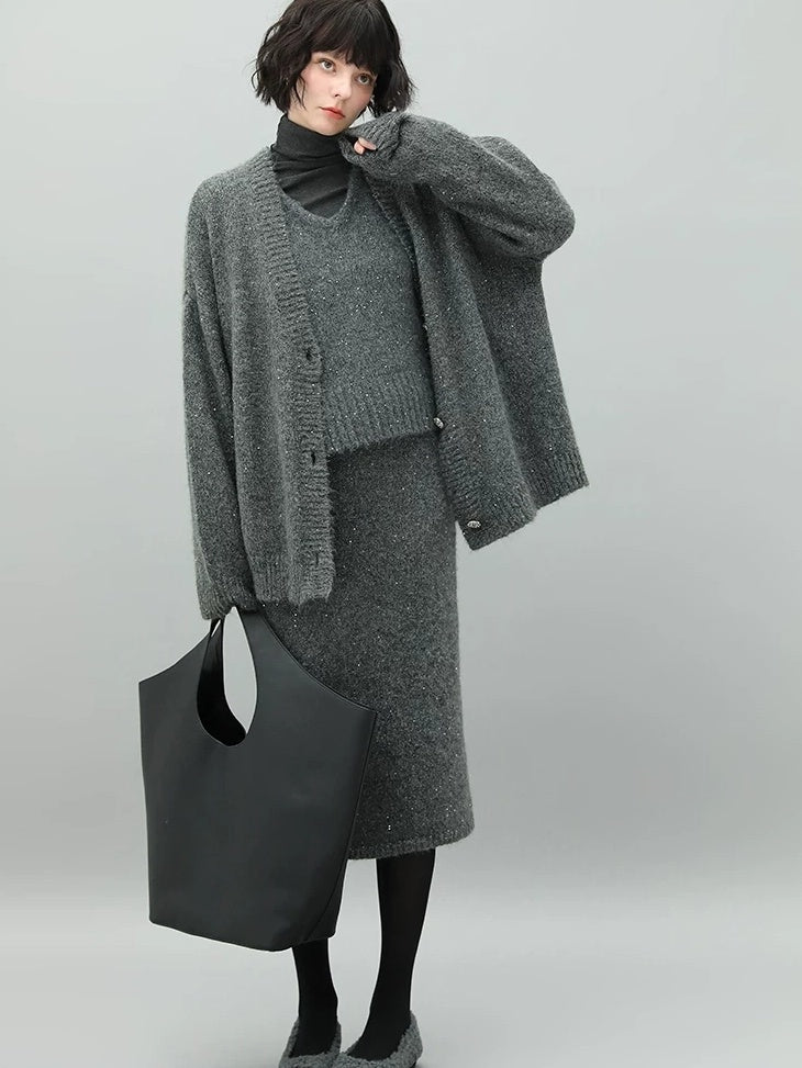 COCOBELLA Sparkle Knit Pencil High Waist Back Slit Office Lady Midi Skirts