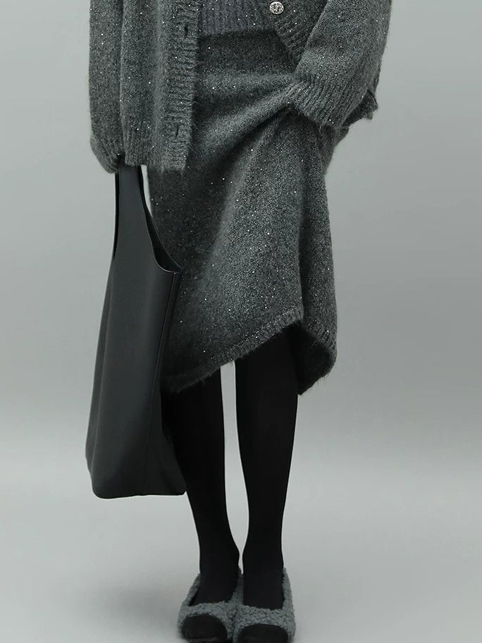 COCOBELLA Sparkle Knit Pencil High Waist Back Slit Office Lady Midi Skirts