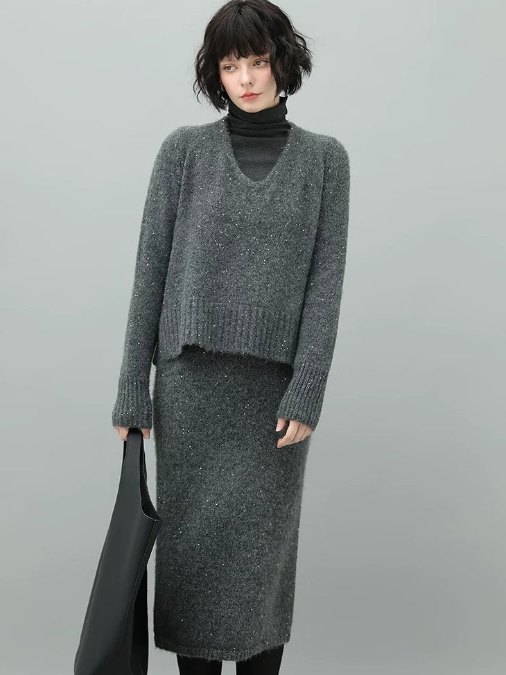 COCOBELLA Sparkle Knit Pencil High Waist Back Slit Office Lady Midi Skirts