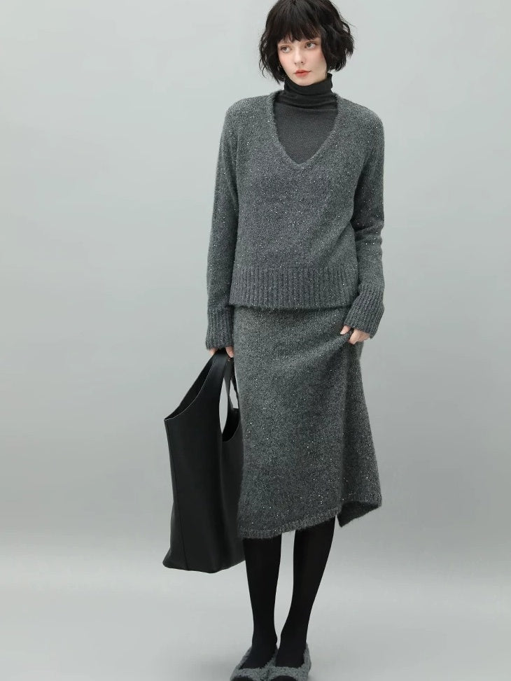 COCOBELLA Sparkle Knit Pencil High Waist Back Slit Office Lady Midi Skirts