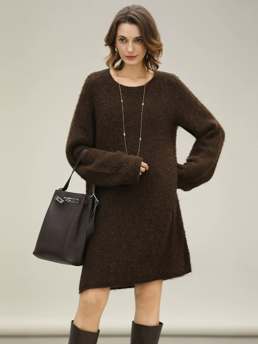 COCOBELLA Sparkle Knit Relaxed H Fit Loose Waist Long Sleeve Work Casual Dresses