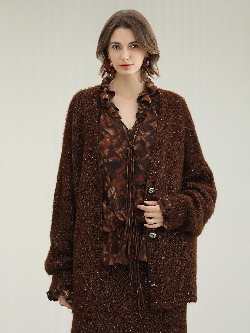 COCOBELLA Sparkling Button Cardigan Loose Fit Office Knit Lurex Sequin Sweater