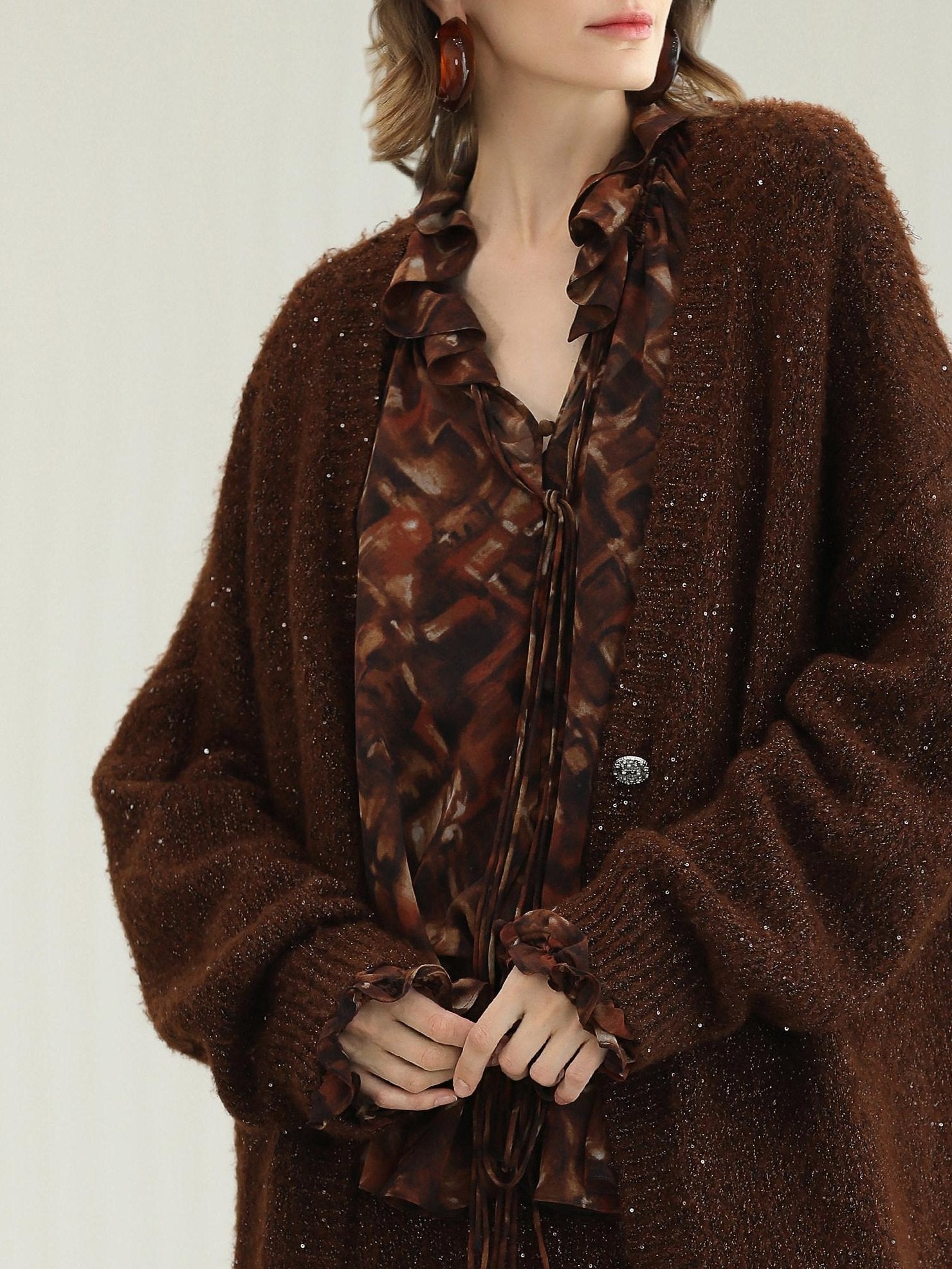 COCOBELLA Sparkling Button Cardigan Loose Fit Office Knit Lurex Sequin Sweater