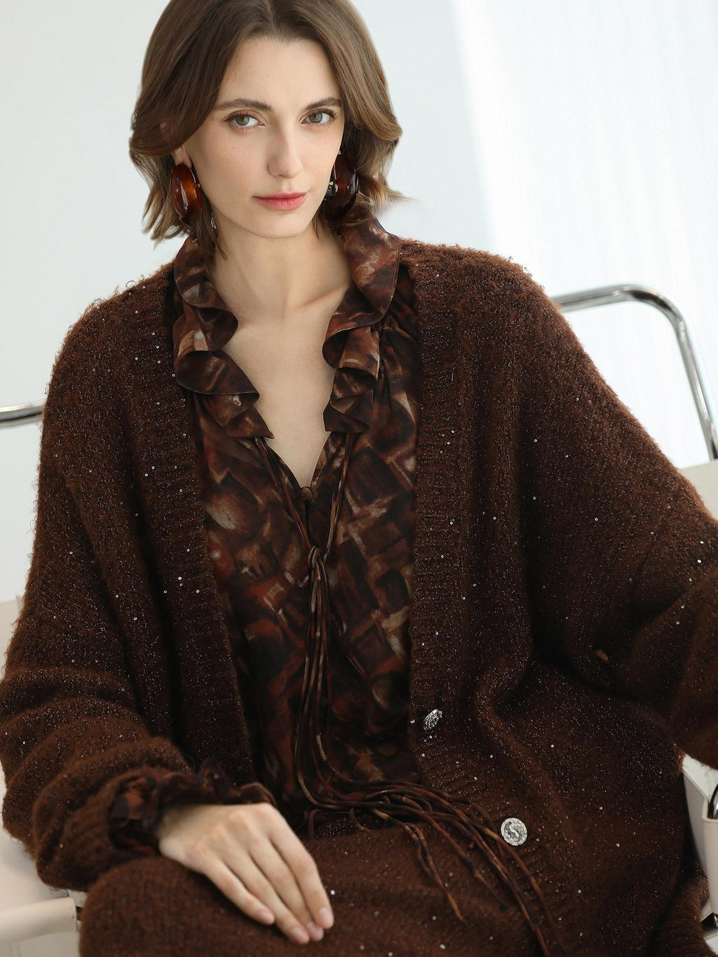 COCOBELLA Sparkling Button Cardigan Loose Fit Office Knit Lurex Sequin Sweater