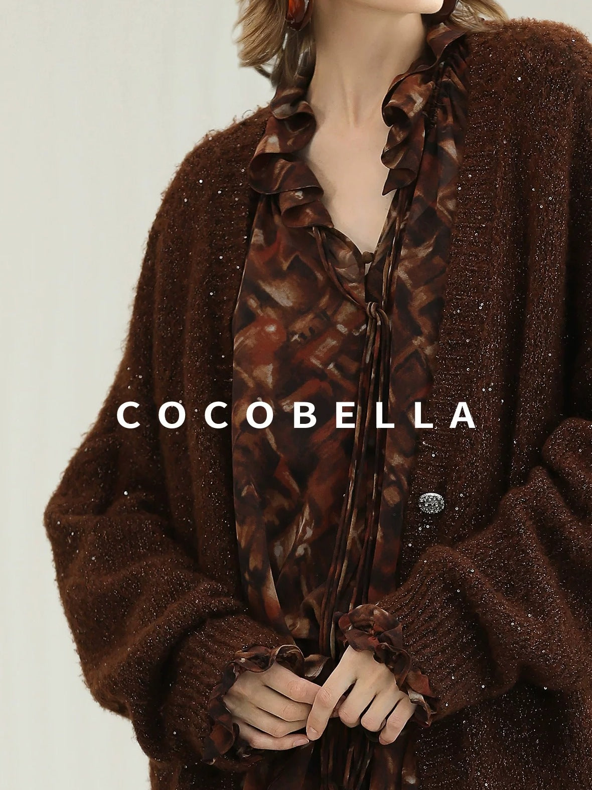 COCOBELLA Sparkling Button Cardigan Loose Fit Office Knit Lurex Sequin Sweater