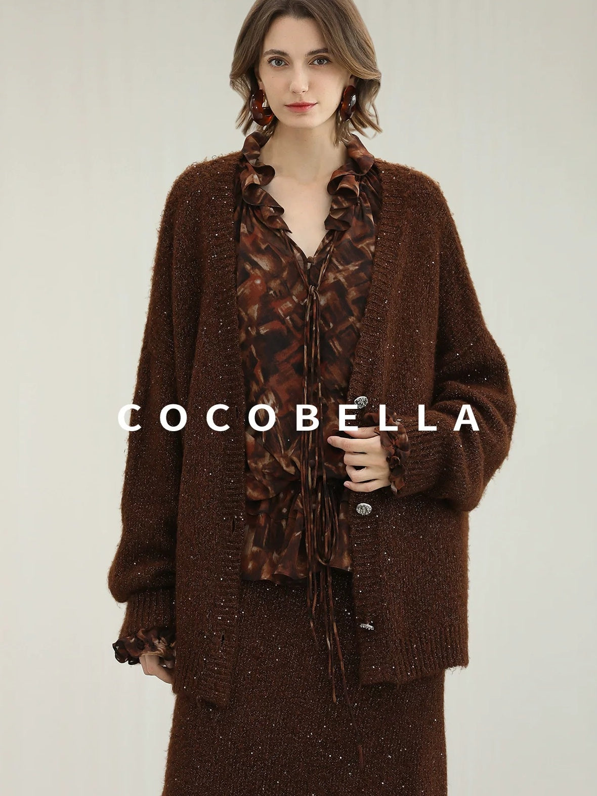 COCOBELLA Sparkling Button Cardigan Loose Fit Office Knit Lurex Sequin Sweater
