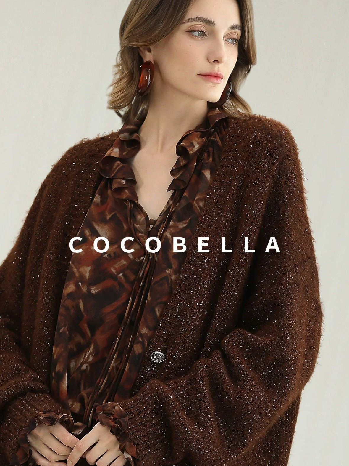 COCOBELLA Sparkling Button Cardigan Loose Fit Office Knit Lurex Sequin Sweater