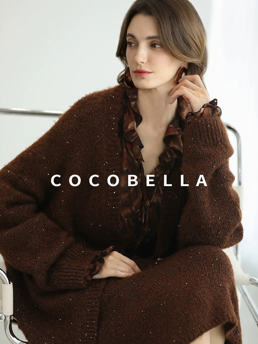 COCOBELLA Sparkling Button Cardigan Loose Fit Office Knit Lurex Sequin Sweater