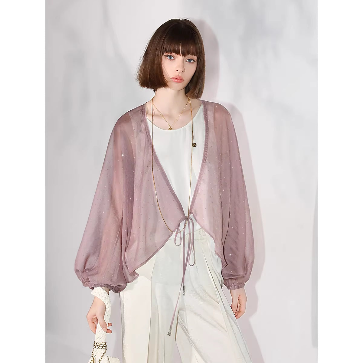 COCOBELLA_Sparkling_Rhinestone_Tie_French_Loose_V_Neck_Lantern_Sleeves_Knit_Sweater_MISSTT