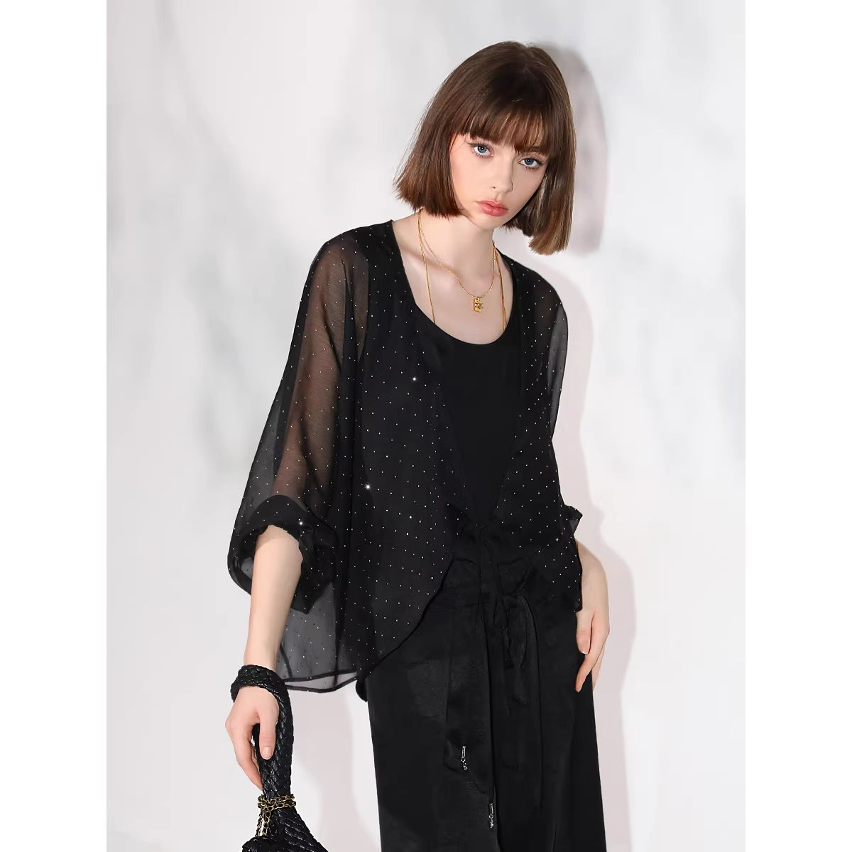 COCOBELLA_Sparkling_Rhinestone_Tie_French_Loose_V_Neck_Lantern_Sleeves_Knit_Sweater_MISSTT