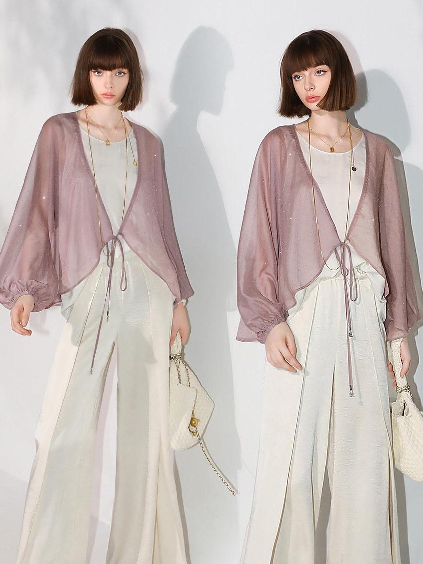 COCOBELLA Sparkling Rhinestone Tie French Loose V Neck Lantern Sleeves Knit Sweater