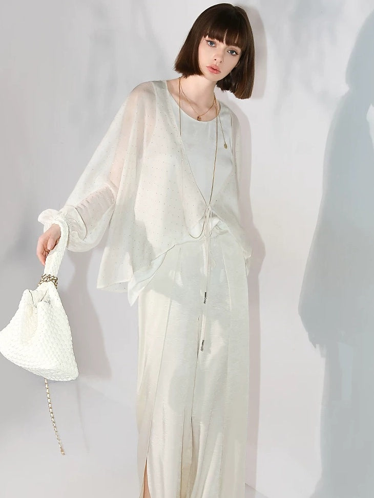 COCOBELLA Sparkling Rhinestone Tie French Loose V Neck Lantern Sleeves Knit Sweater