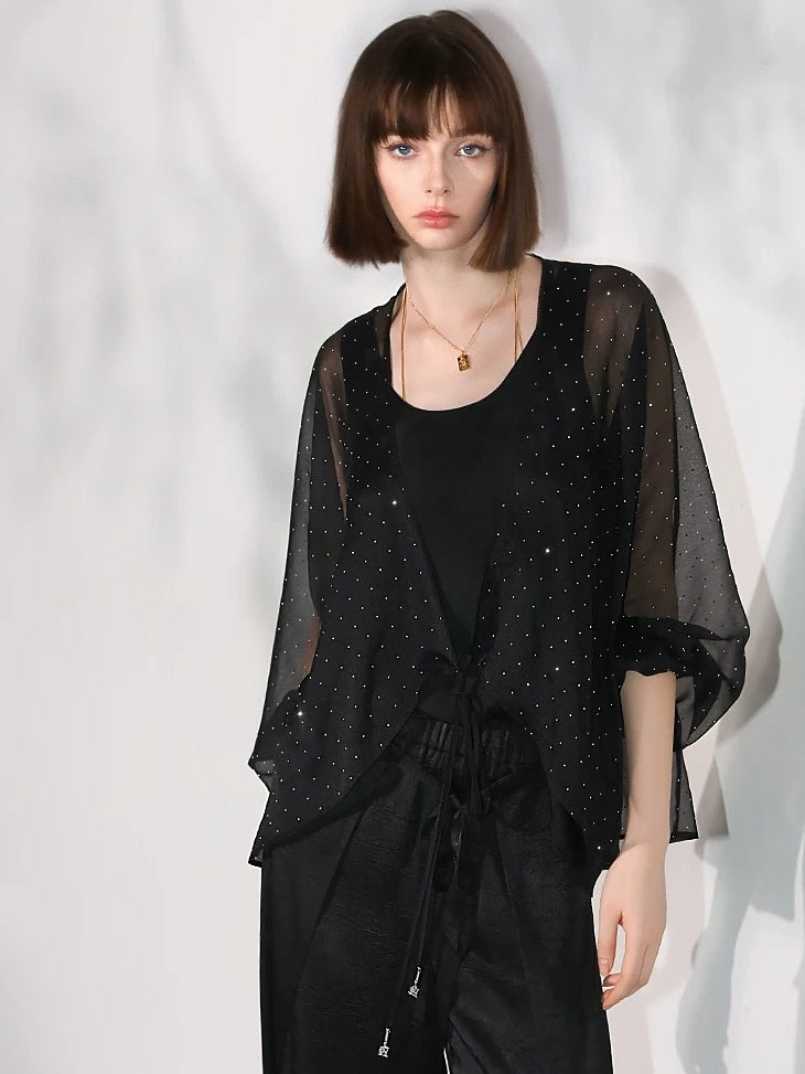 COCOBELLA Sparkling Rhinestone Tie French Loose V Neck Lantern Sleeves Knit Sweater