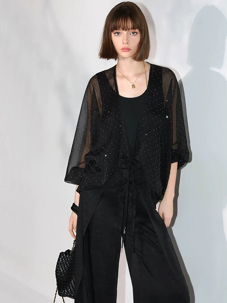 COCOBELLA Sparkling Rhinestone Tie French Loose V Neck Lantern Sleeves Knit Sweater