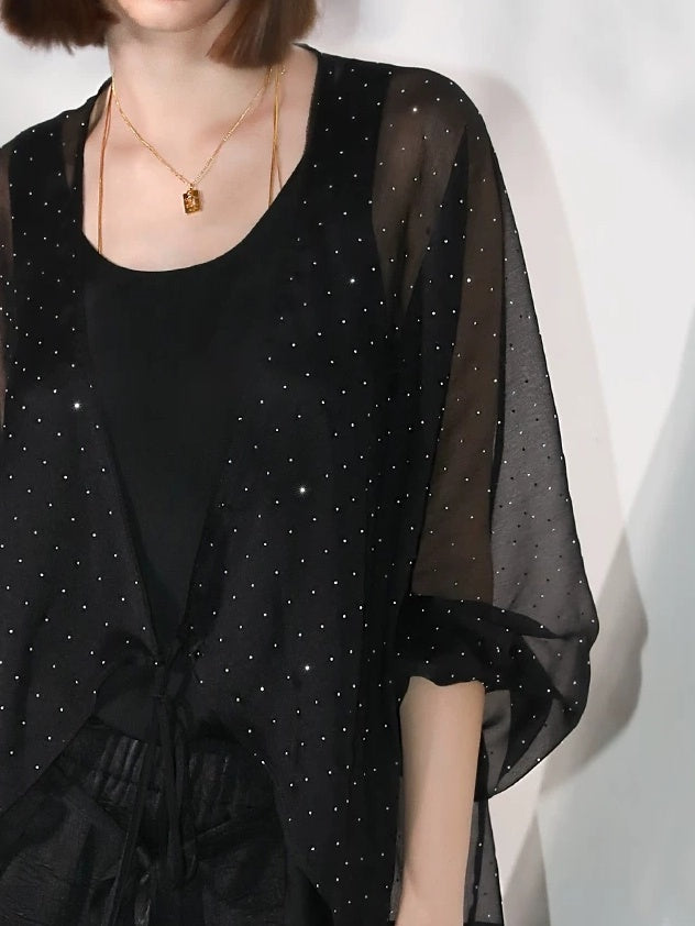 COCOBELLA Sparkling Rhinestone Tie French Loose V Neck Lantern Sleeves Knit Sweater