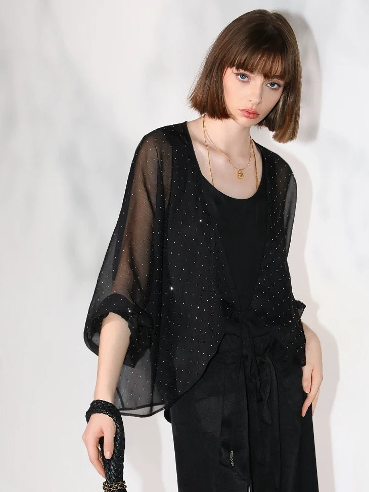 COCOBELLA Sparkling Rhinestone Tie French Loose V Neck Lantern Sleeves Knit Sweater