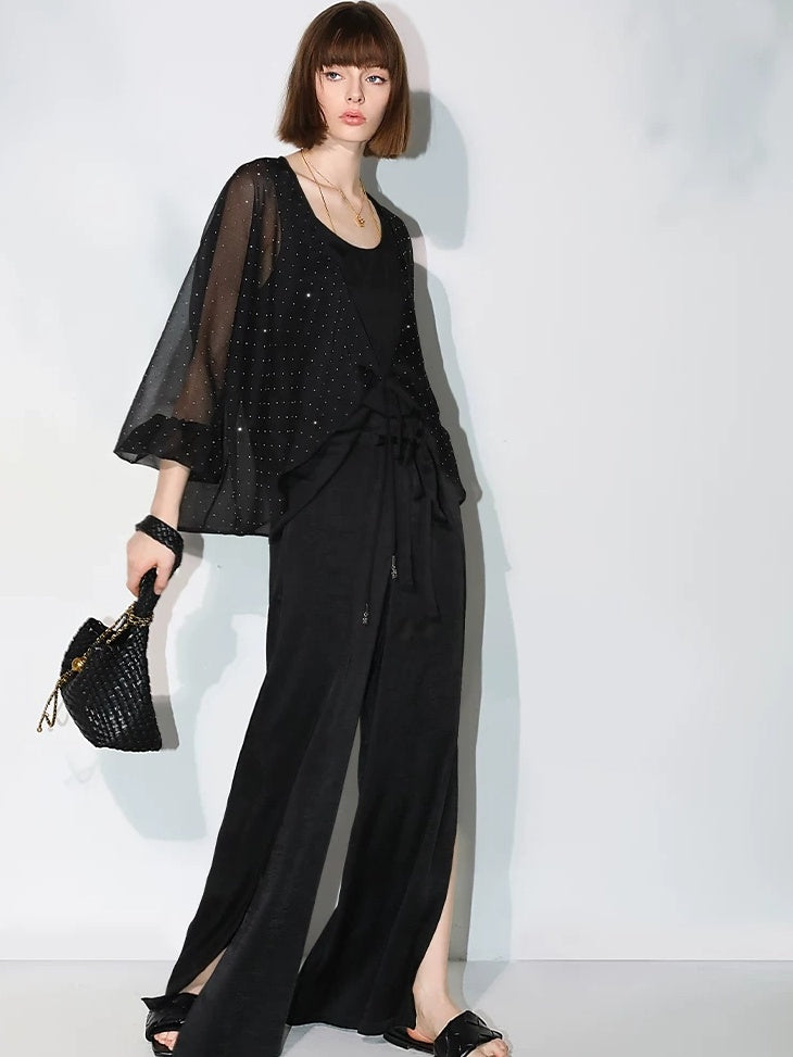 COCOBELLA Sparkling Rhinestone Tie French Loose V Neck Lantern Sleeves Knit Sweater