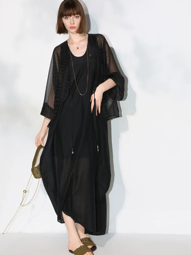 COCOBELLA Sparkling Rhinestone Tie French Loose V Neck Lantern Sleeves Knit Sweater