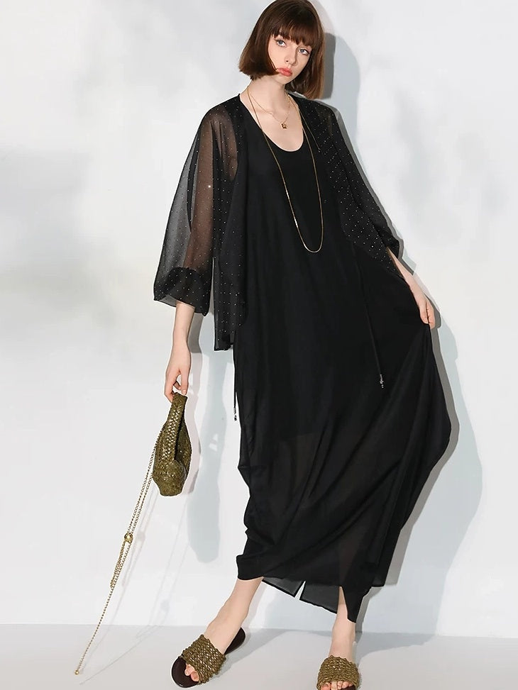 COCOBELLA Sparkling Rhinestone Tie French Loose V Neck Lantern Sleeves Knit Sweater