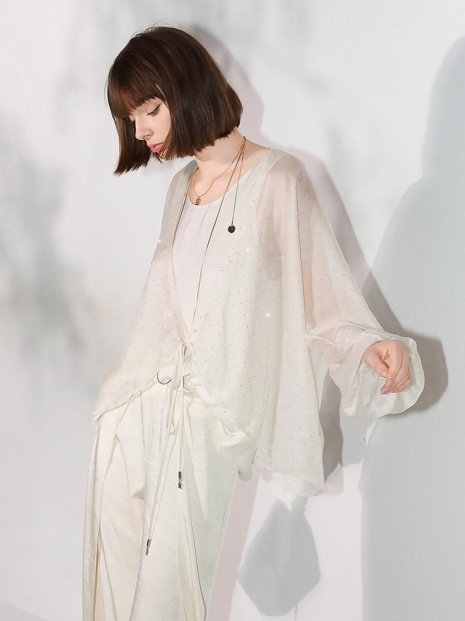 COCOBELLA Sparkling Rhinestone Tie French Loose V Neck Lantern Sleeves Knit Sweater