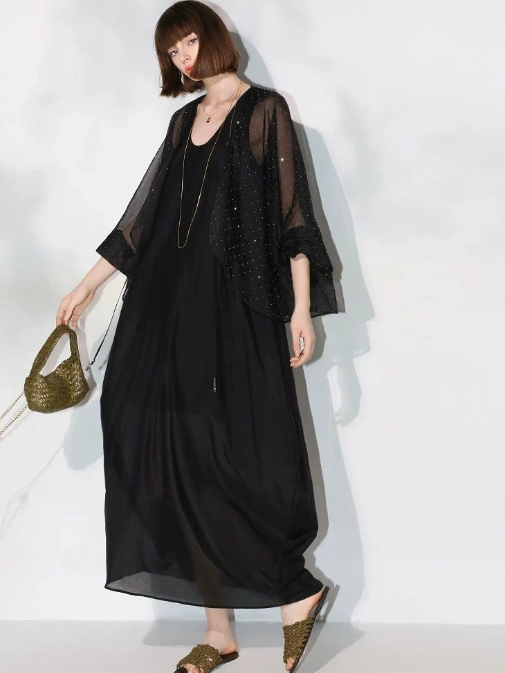 COCOBELLA Sparkling Rhinestone Tie French Loose V Neck Lantern Sleeves Knit Sweater