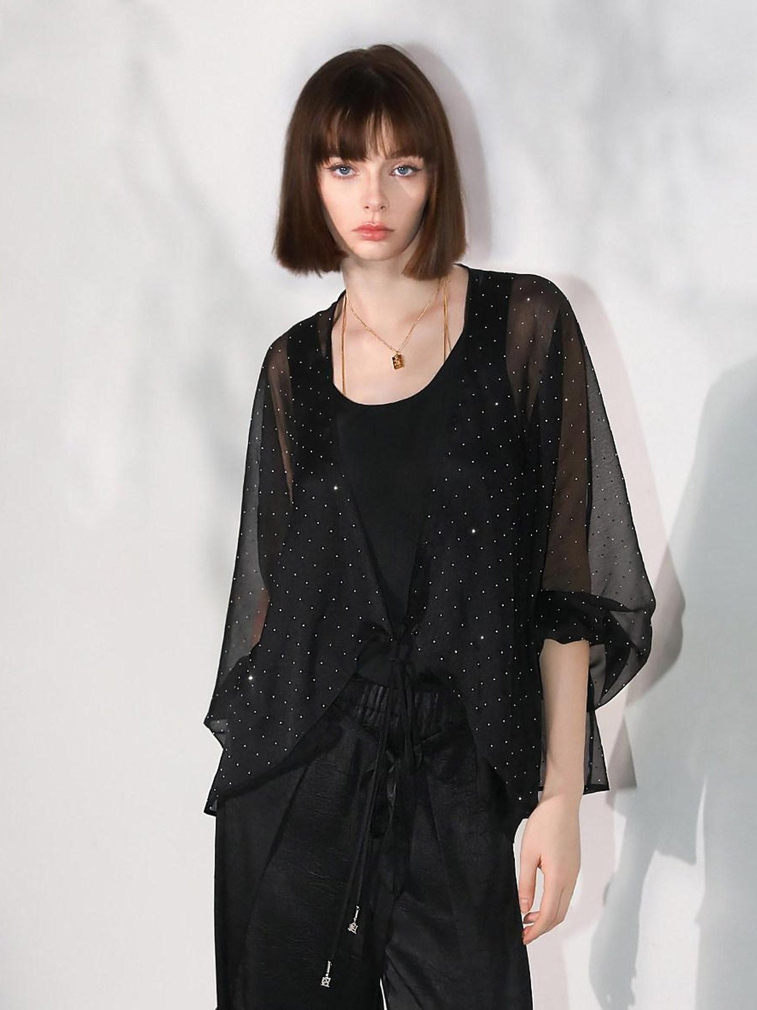 COCOBELLA Sparkling Rhinestone Tie French Loose V Neck Lantern Sleeves Knit Sweater