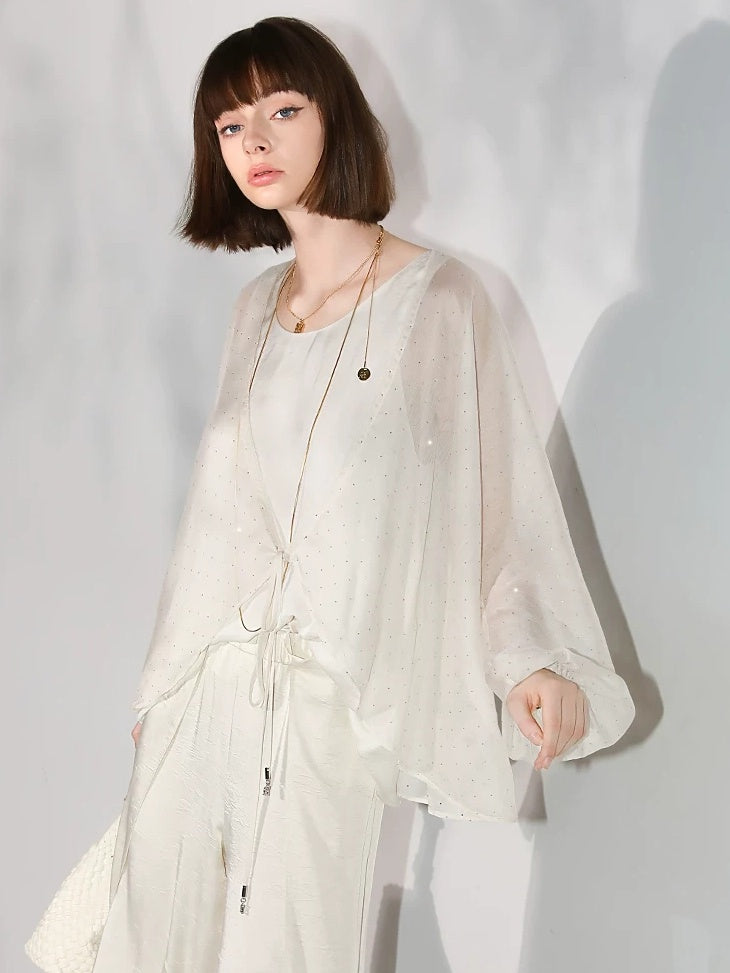 COCOBELLA Sparkling Rhinestone Tie French Loose V Neck Lantern Sleeves Knit Sweater