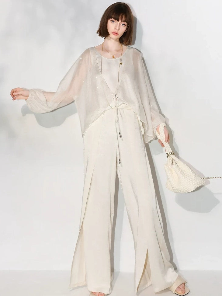 COCOBELLA Sparkling Rhinestone Tie French Loose V Neck Lantern Sleeves Knit Sweater