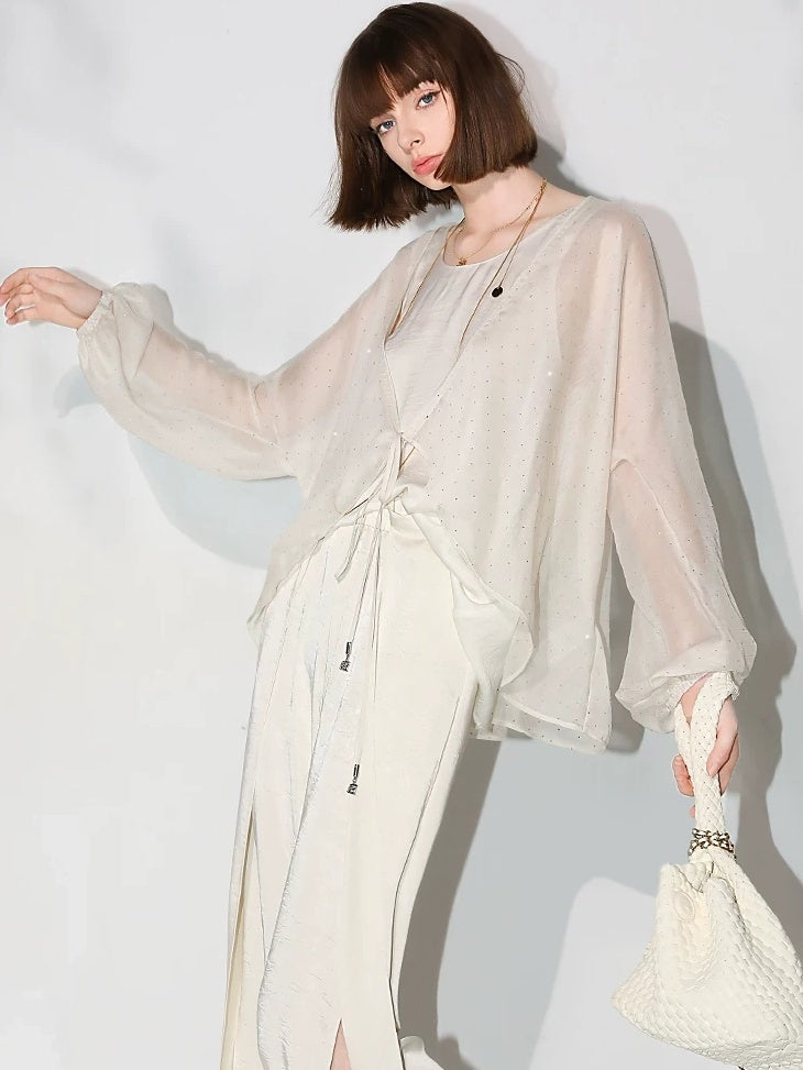 COCOBELLA Sparkling Rhinestone Tie French Loose V Neck Lantern Sleeves Knit Sweater