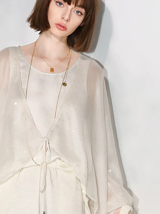 COCOBELLA Sparkling Rhinestone Tie French Loose V Neck Lantern Sleeves Knit Sweater