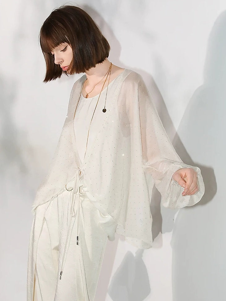 COCOBELLA Sparkling Rhinestone Tie French Loose V Neck Lantern Sleeves Knit Sweater