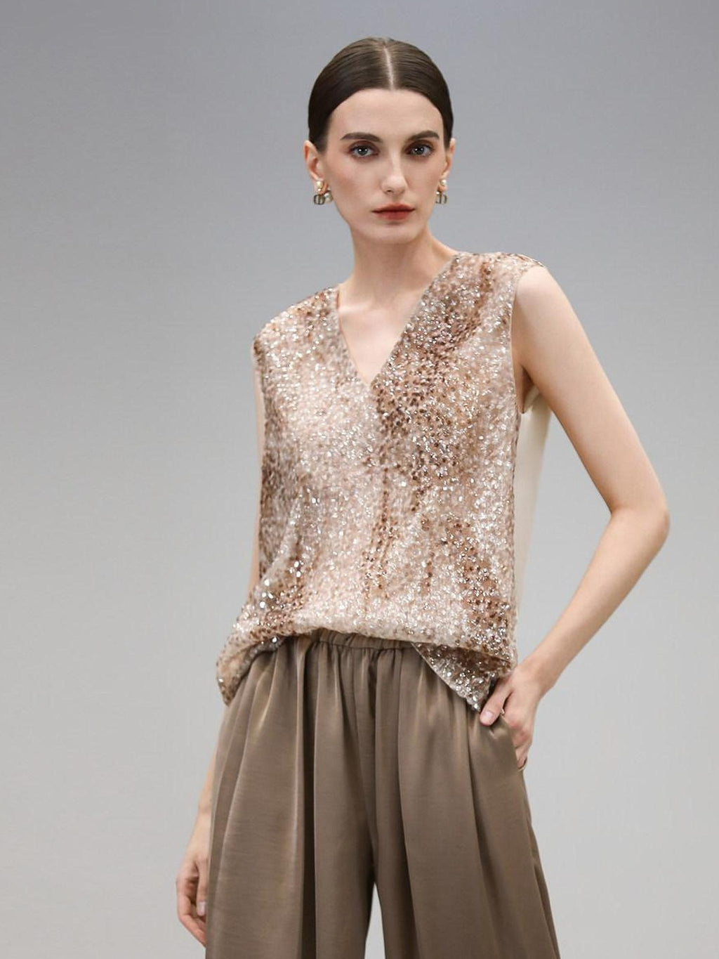 COCOBELLA Sparkling Sequin Lightweight Straight Cut V Neck Sleeveless Women Blouse Shirts