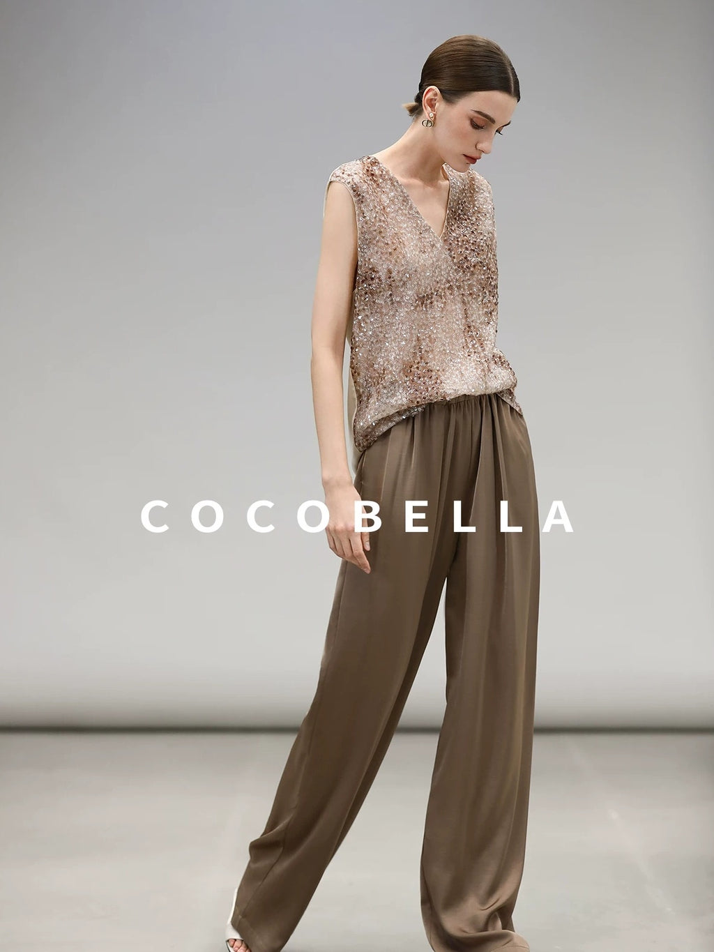 COCOBELLA Sparkling Sequin Lightweight Straight Cut V Neck Sleeveless Women Blouse Shirts