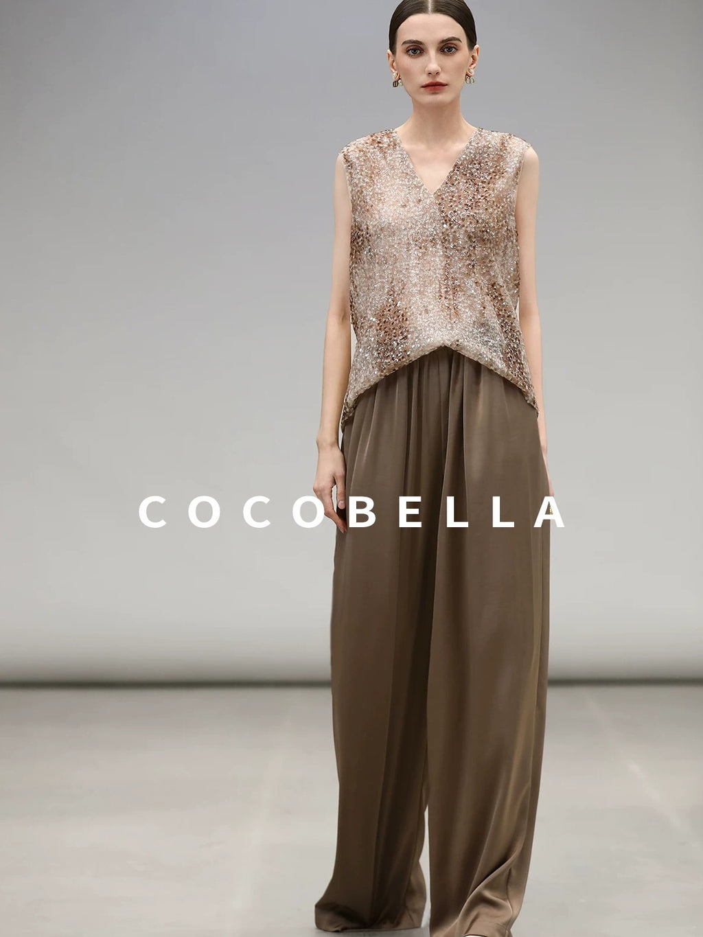 COCOBELLA Sparkling Sequin Lightweight Straight Cut V Neck Sleeveless Women Blouse Shirts